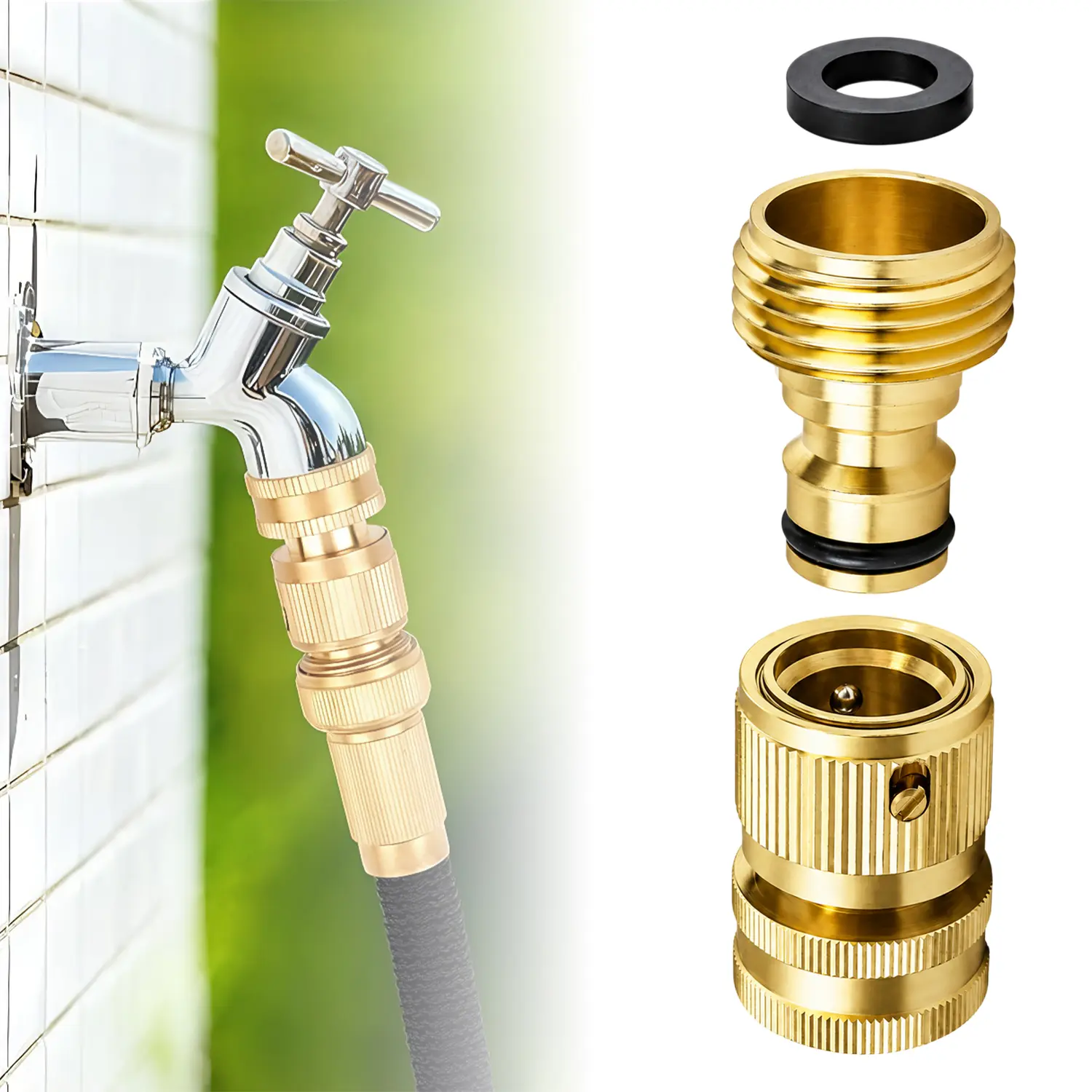 Garden Hose Quick Connector, 1 Set Solid Brass 3/4 Inch GHT Thread Fitting(NO Sprayer), No-Leak Water Hose Female & Male Adapter, Garden Hose Connectors, Summer Gardening Tool Accessories
