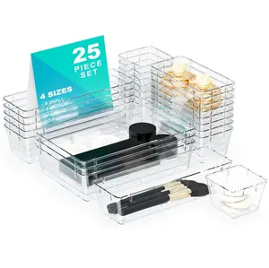 25PCS Clear Plastic Drawer Organizer Set 4 Sizes Desk Dividers Storage Bins for Makeup Jewelry Gadgets Kitchen Bedroom Bathroom Office Organization Home Decor with Adjustable Compartments Transparent Boxes
