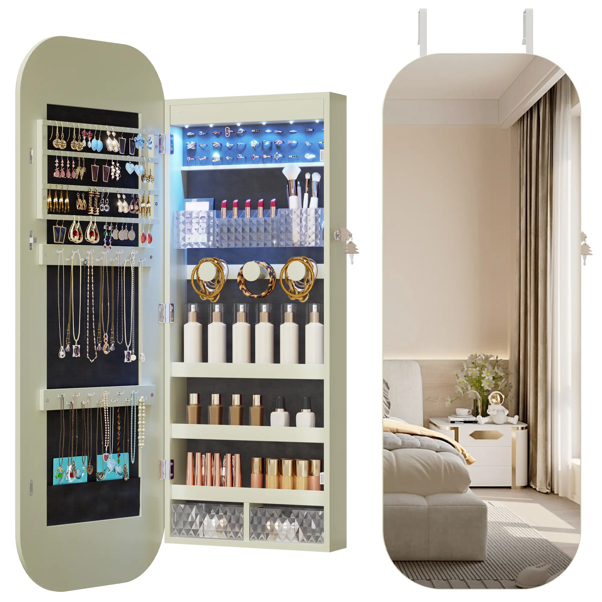 Miuvanity LED Mirror Jewelry Cabinet, Wall/Door Mounted Full Length Mirror with Storage, Lockable Jewelry Armoire with Mirror, Rounded Corner Hanging Mirror Jewelry Organizer
