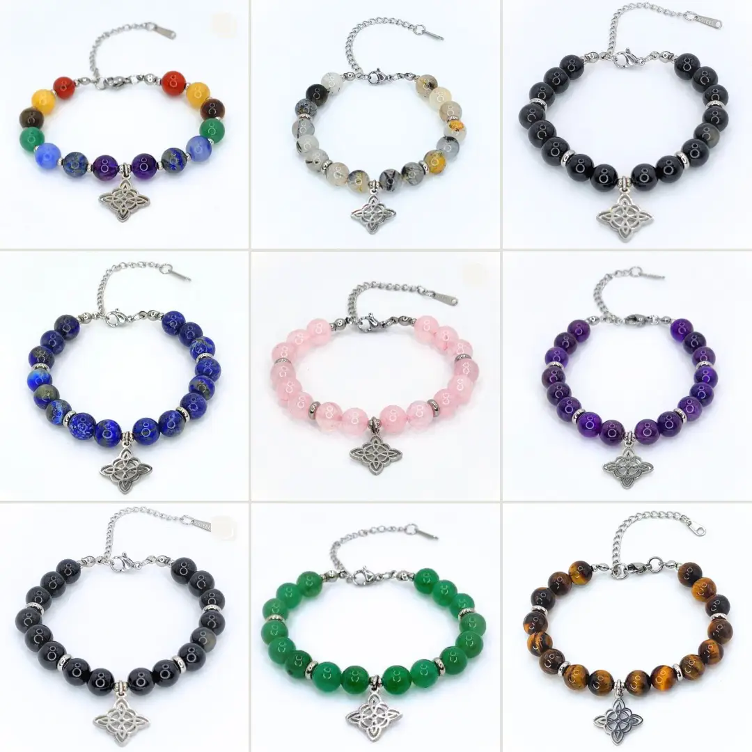 FIMENESS NATURAL CRYSTAL BRACELETS WITCH KNOT CHARM HAND MADE STAINLESS STEEL SPACERS CLASP 2 INCH EXTENDER CHAIN