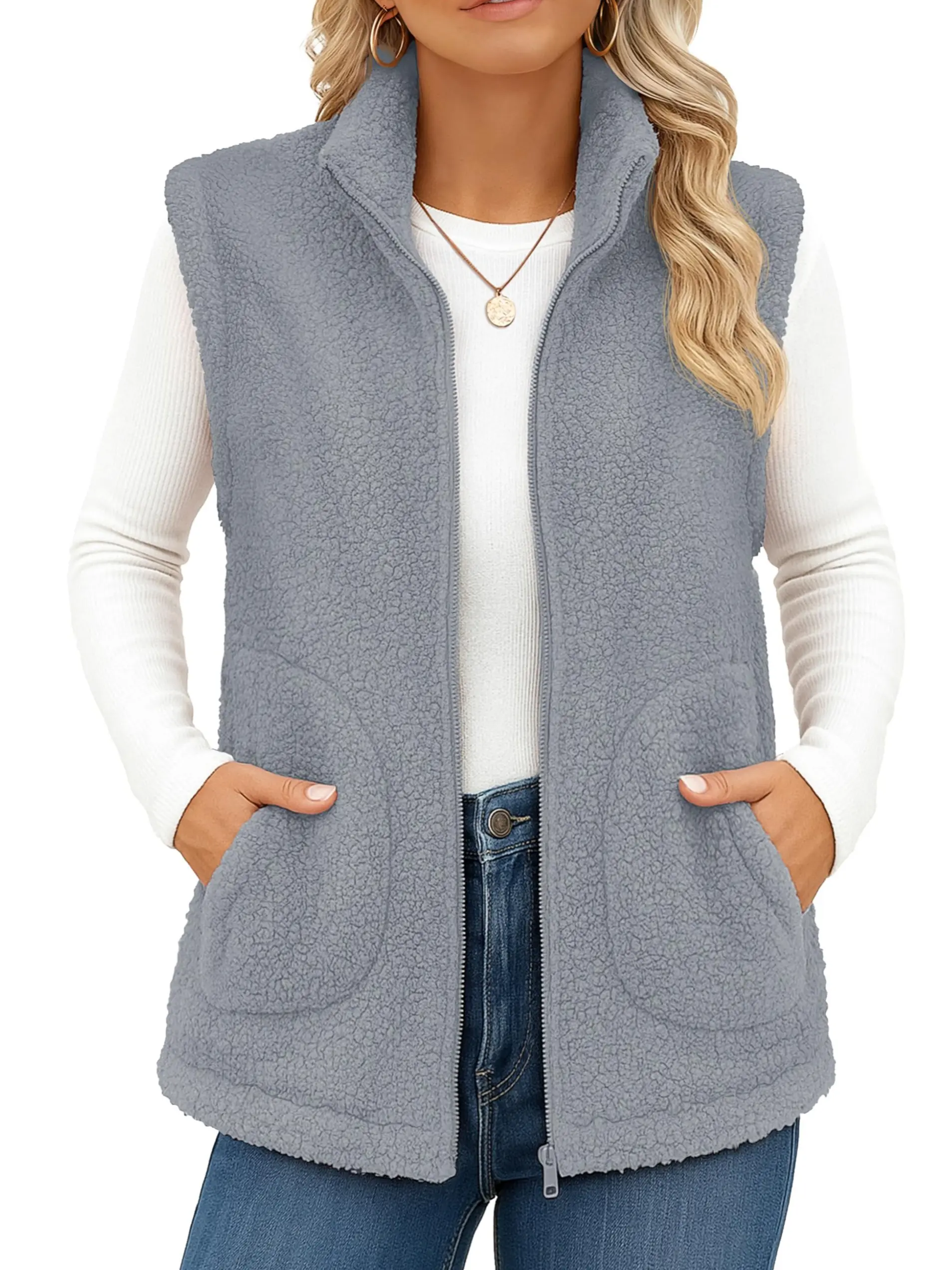 YUCOLEN Women's Soft Thick Sherpa Fleece Vest - Adjustable Collar, Full Zipper, Loose Casual Tops with Pockets, Comfortable Fuzzy Lightweight Outerwear, Hang Dry Friendly, Basic