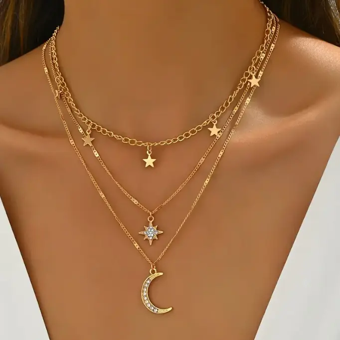 Elegant Bohemian Style Layered Golden Necklace with Star and Moon Pendants - 14K Golden Plated, Rhinestone Accents, Perfect Gift for Her, Everyday Jewelry|Bohemian Necklace|Detailed Pendant, Layered Necklace