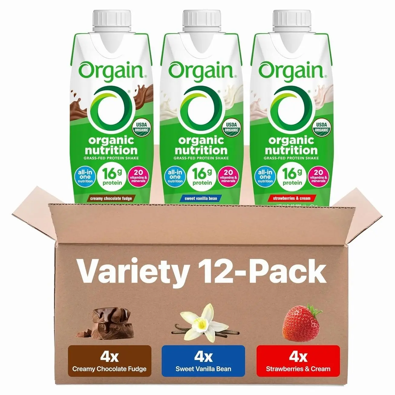 Orgain Organic Nutritional Protein Shake, 16g Grass-Fed Whey Protein Meal Replacement, 20 Vitamins & Minerals, Fruits & Vegetables, 11 Fl Oz Variety Pack (Chocolate, Vanilla, Strawberry) - 12 Pack