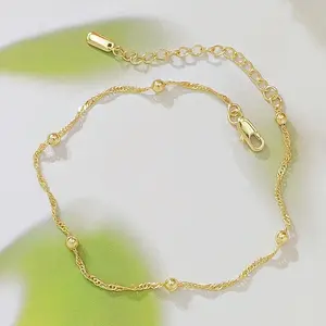 14K Gold Filled Twist Chain Ankle Bracelet for Women, Dainty Beaded Satellite Anklet with Adjustable Extension Chain, Minimalist Summer Beach Foot Jewelry Gift