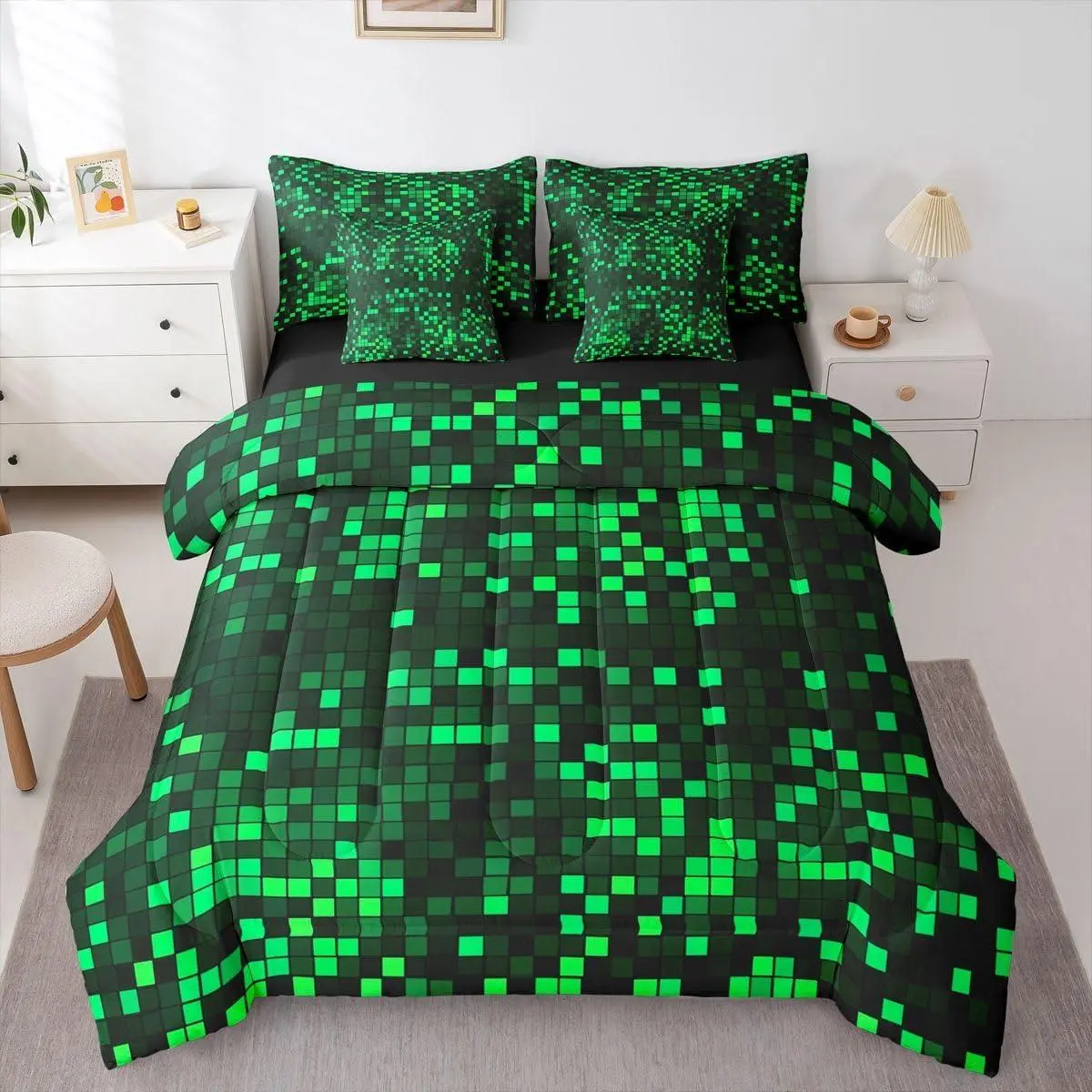 Neon Green Black Gradient Pixel Comforter Set with Sheets 7 Piece Ombre Black Green Bedding Set for Kids Boys Girls Retro Pixel Art Bed in a Bag Gamer Room Decor Room Decor
