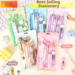9-piece set of cute stationery, including alien notebook, neutral pen, keychain, multi-color pen, eraser, highlighter, correction tape, pencil, with 5 colors to choose from, suitable for classroom rewards and holiday gifts, Student Essentials