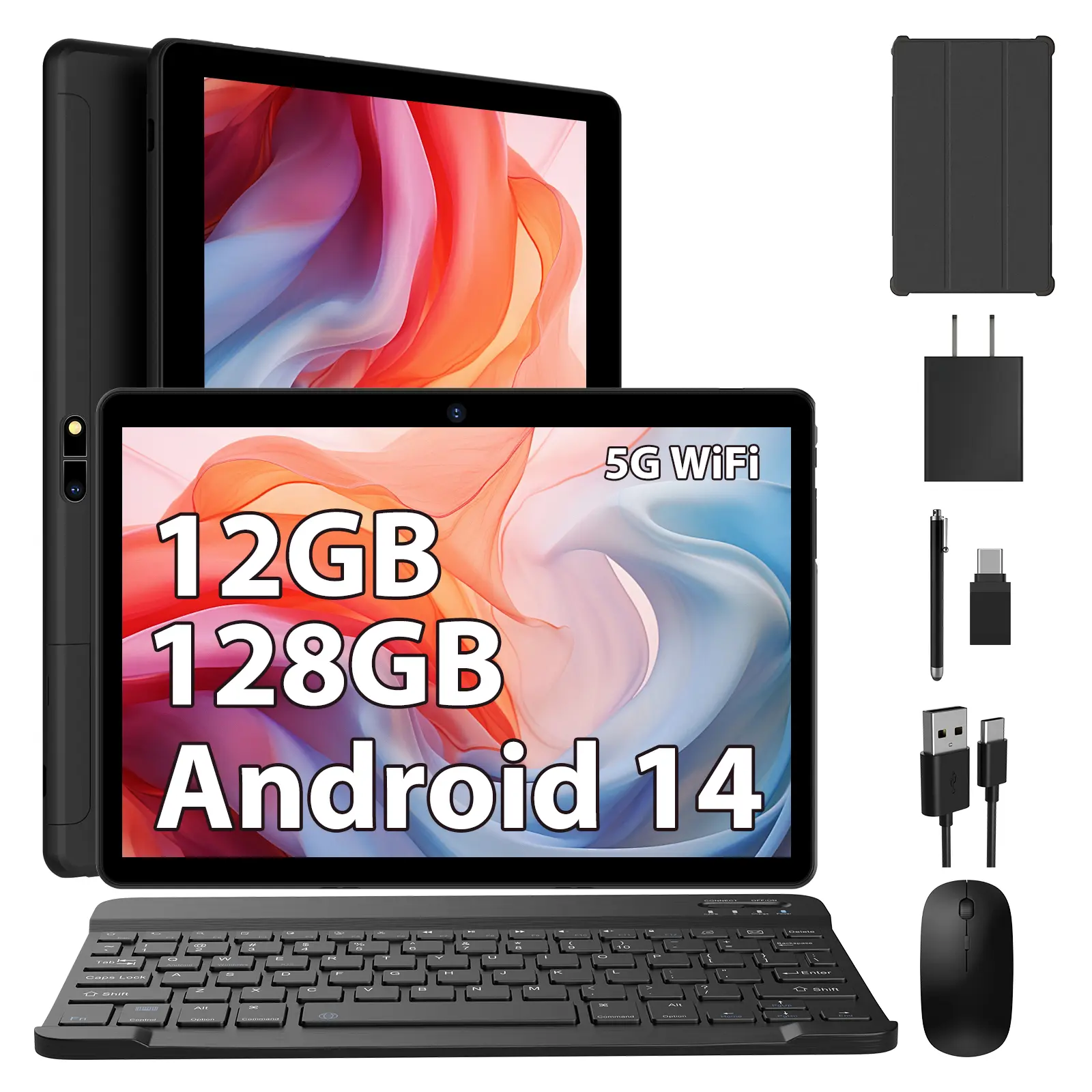 POWMUS 2026 Android 13/14 Tablet, 8GB/12GB RAM + 128GB ROM, 1TB Expandable, Octa-core, WiFi, 8000mAh Battery, 10 inch Tablet with Keyboard Mouse, Case, 5+8MP Camera, Bluetooth, Entertainment All In One Tablet PC