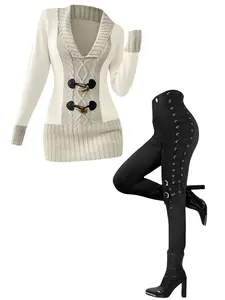 DRESSLILY Women's Matching Set Contrast Color Mock Horn Button Plunge Neck Casual Sweater and Grommet Buckle Lace Up Pants Elastic Waist Punk Skinny Pants Outfits