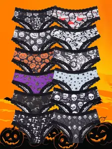 Morvia 12pcs Sexy Cute Gothic Halloween Contrast Lace Hipster Panties, Allover Print Comfy Intimates Briefs Panties, Women's Underwear & Lingerie, Soft Comfy Knicker Fit Panties