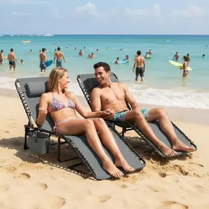 5 Position Adjustable Folding Chaise Lounge Chair for Outdoor, Heavy Duty Patio Sunbed with Side Pocket and Removable Pillow, Portable Tanning Chair with Carry Handle for Garden Pool Beach Camping
