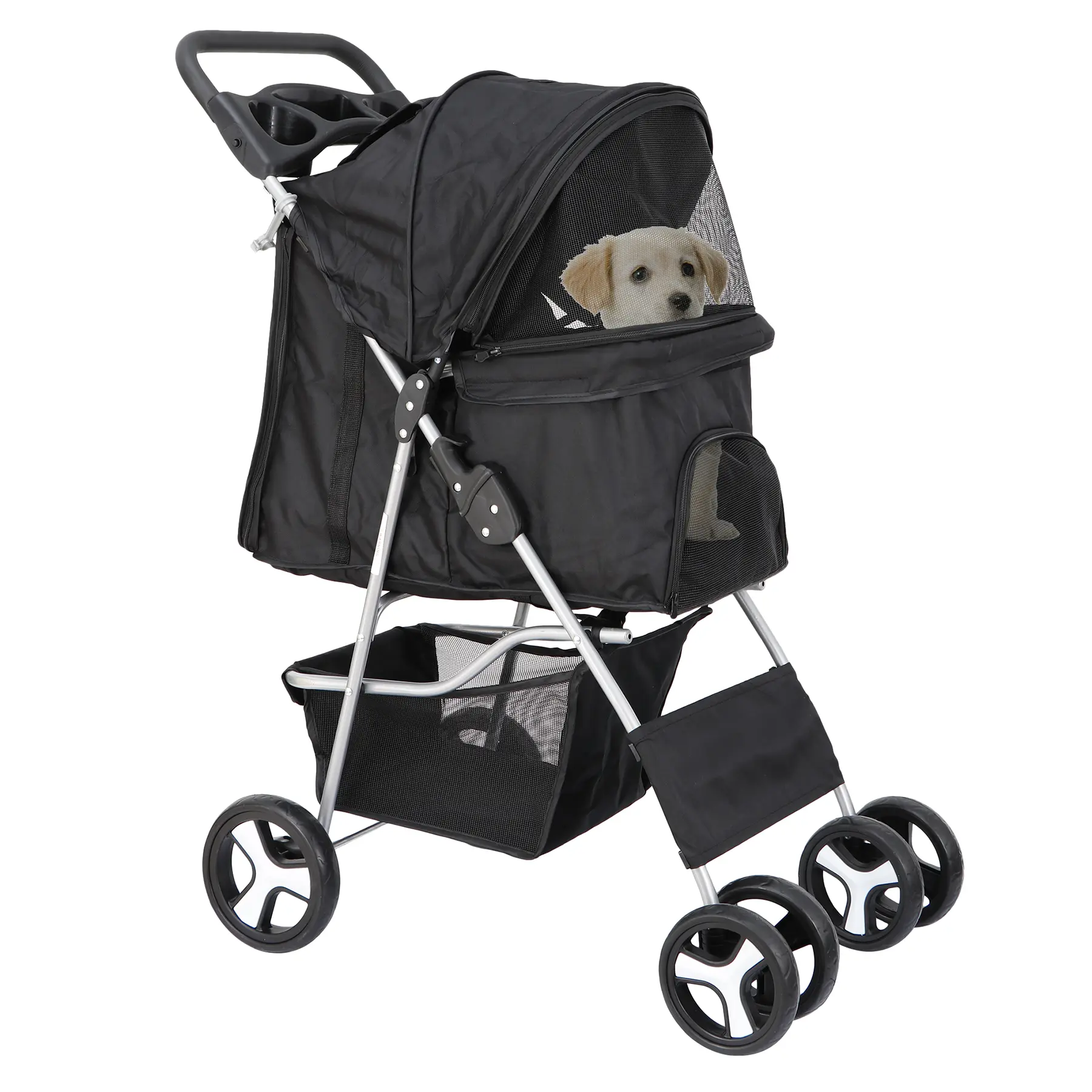 Zeny 4-Wheel Foldable Pet Stroller - Waterproof Oxford Fabric Dog & Cat Travel Carrier with Foldable Metal Frame, Roomy Storage Basket, Mesh Windows, Easy Cleaning, Stable Plastic Build, Shock Absorbers, 28.5"l x 18.5"w x 39.4"h, Black, Foldable Frame