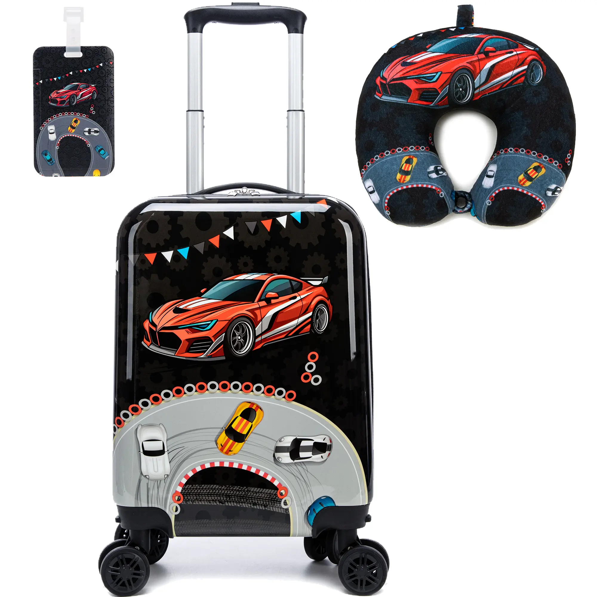 Heavy Duty Wheeled Suitcase Set for Kids 3-Pcs, Lightweight Hard Shell Travel Luggage with Matching Neck Pillow, Trendy Sports Car Gift for Students portable, 3-In-1 Portable Carry-On Luggage, Carry-On Travel Set Carry-On Luggage