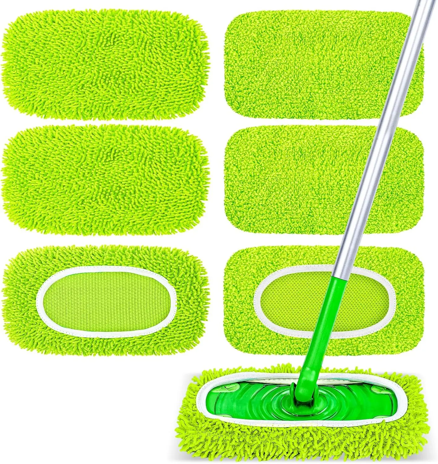 6-Pack Reusable Microfiber Mop Pads - Compatible with Swiffer Sweeper, Hardwood Safe, Washable for Quick Refresh, Dry & Wet Cloths, Rubber, Extendable Multi-Surface Floor Cleaning Refills - Fluorescent Green