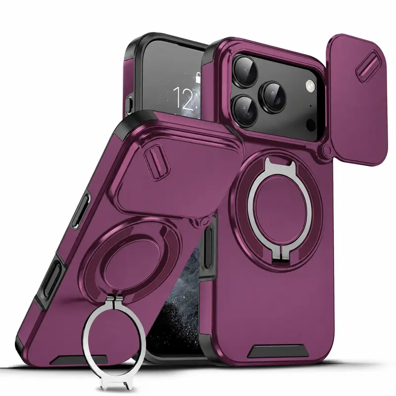 HISTORYOO Slide Camera Lens Protector Case for iPhone 18 Pro Max 17 Pro Max Air 16 Pro 15 14 Plus 13 12 Rubber + PC Dual Layer Bumper Protection 360° Rotating Ring Magnetic Stand Holder Kickstand Shockproof Protective Anti Fall Military Grade Cover