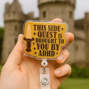 ADHD Badge Reel Funny Side Quest Acrylic ID Holder Nerdy Gamer Nurse Ideal Gift DnD ADHD Humor Clip for Work Office Coworker Geek Accessory.