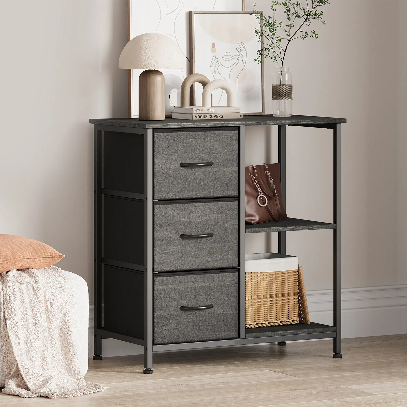 Black 3-Drawer Filing Cabinet with Printer Stand - 27.5" L x 11.4" W x 29.5" H, Non-Toxic Smooth MDF Tabletop, Open Shelves Under Desk Storage Organizer, Sturdy Small Space Desk Living Room Furniture for Books