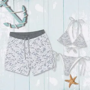 Matching Couples Swimsuits Light Grey Camouflage Print His and Hers Swimwear Set