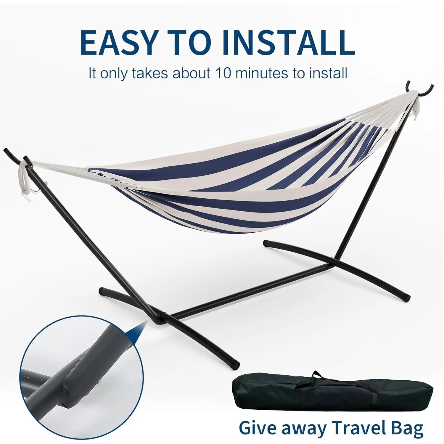 SummerVibes Double Hammock with Stand  Combo Heavy Duty 450lbs Capacity, Portable Cotton Hammock for Two Adults, Indoor & Outdoor Use with Travel Bag, Blue&White Stripe Pattern