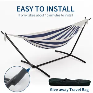 Double Hammock with Stand  Combo Heavy Duty 450lbs Capacity, Portable Cotton Hammock for Two Adults, Indoor & Outdoor Use with Travel Bag, Blue&White Stripe Pattern