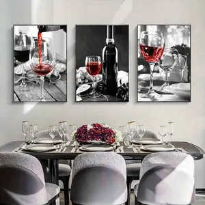 3pcs Frameless Kitchen Poster Red Wine and Bottle Picture Black White Drink Wall Art Unframed Art Print Canvas Painting Dining Room Restaurant Decor