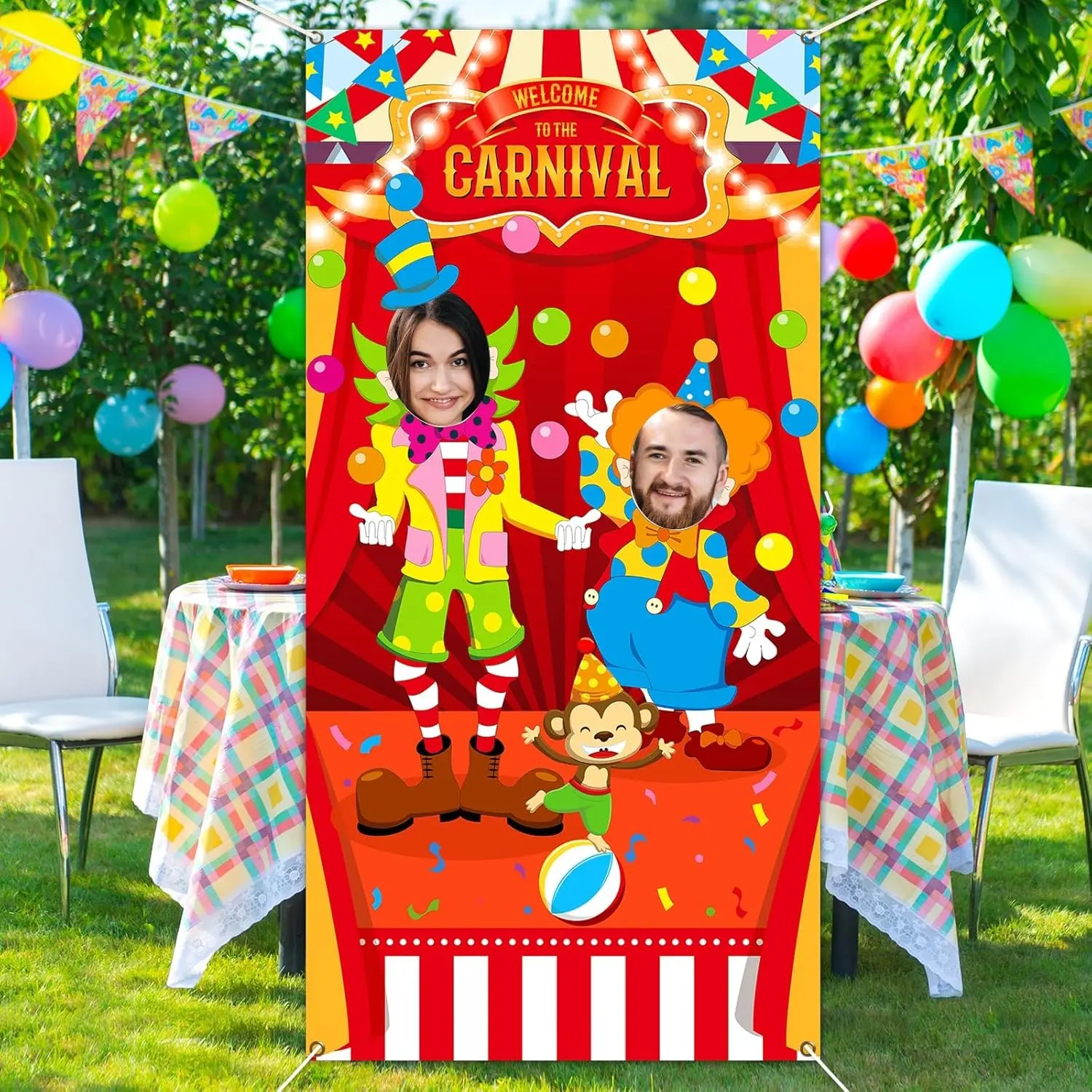 2D Flat Banner Door Cover, Carnival Circus Party Decoration, Photo Booth Props, Clown Background, Birthday Shower Game Promo Item, No Power Needed