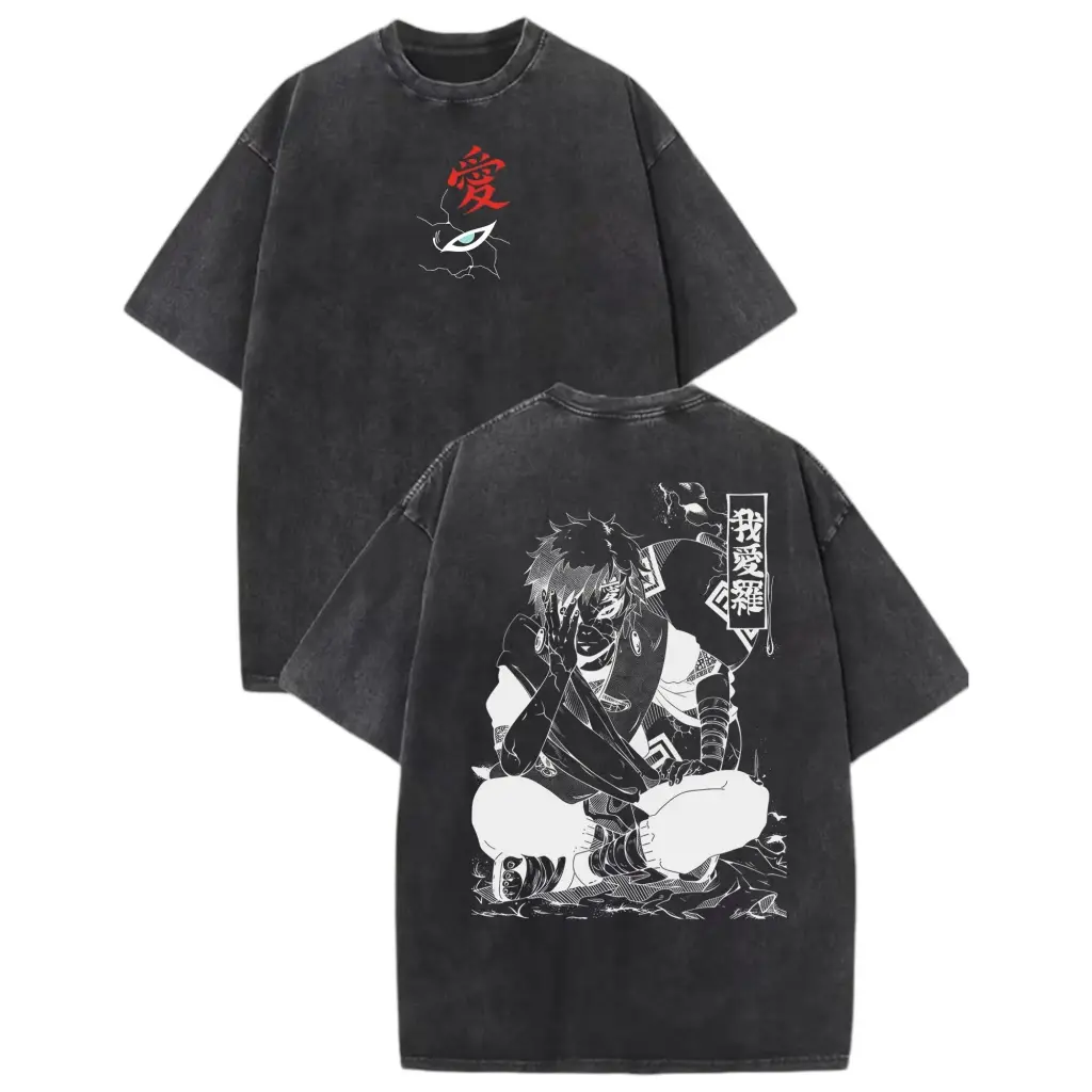 Naruto Gaara Graphic Cotton T-Shirt - Vintage Washed, Distressed, Oversized Casual Anime Tee, Retro Sand Village Streetwear Top for Men & Women (Menswear)