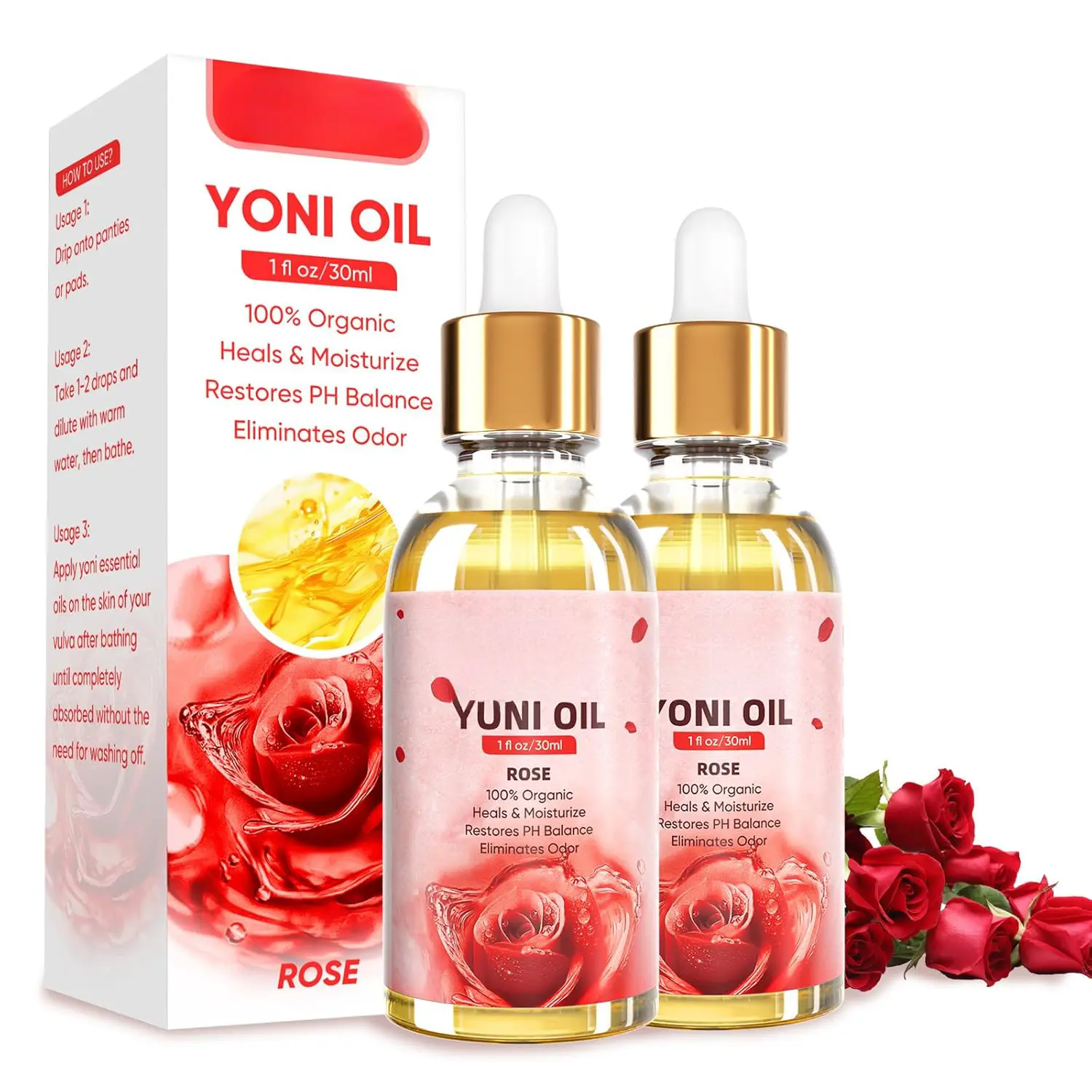 2 Pack Yoni Oil for Women - Organic Rose Feminine Oil, Feminine Deodorant - pH Balance - Eliminates Odor - Vaginal Moisturizer, 100% Natural Yoni Essential Oil, 1 fl oz/pc