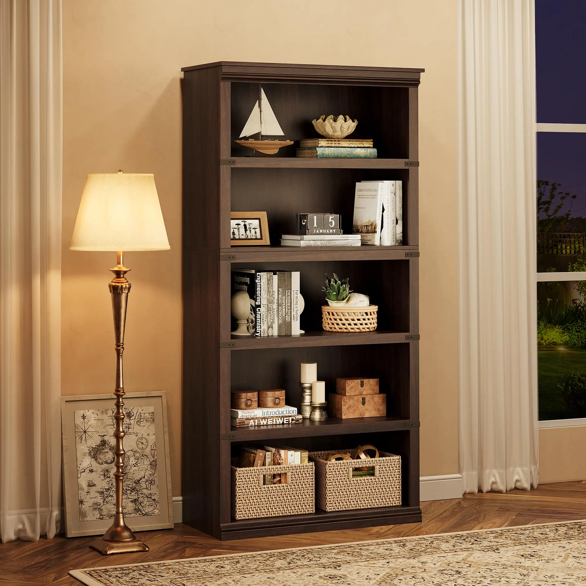 5 Tier Bookcase, Farmhouse Book Shelf with Storage Open Display Bookshelves, 67.4" Tall Book Case Wooden 5 Shelf Bookcase Home Decor Furniture for Home Office, Living Room, Bed Room - Cherry