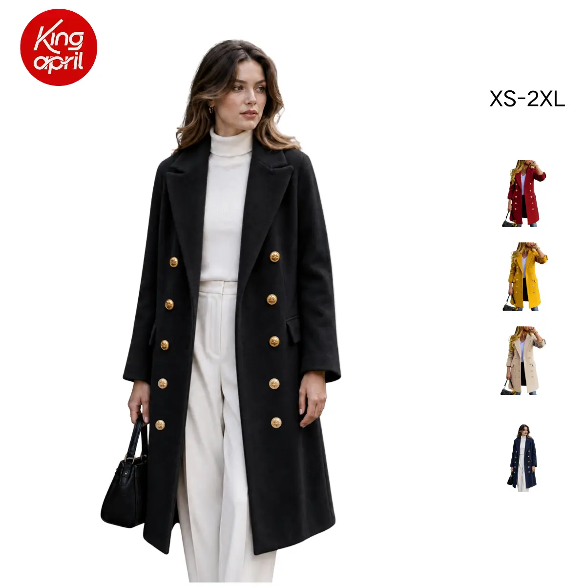 Kingapril Womens Notched Lapel Collar Double Breasted Pea Coat Winter Wool Blend Over Coats Long Jackets