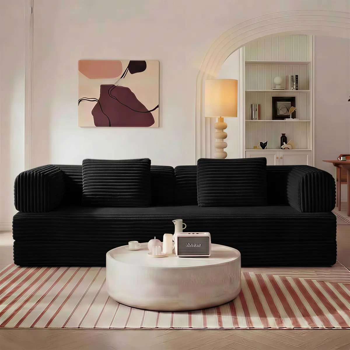 74 in Classic Corduroy Fabric Sofa, Modern Loveseat, Boneless Sectional Couch, Convertible Sleeper with Fixed-Shape Frame & Pull-Out Bed, Folding Floor Mattress, No Assembly Required, Black