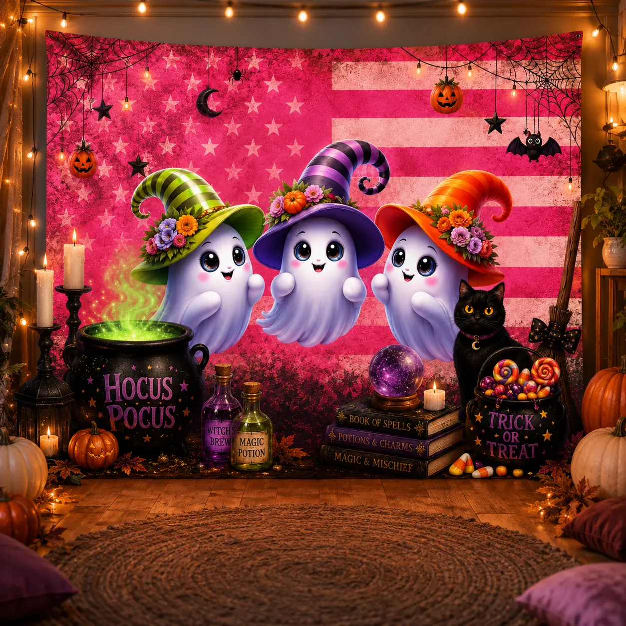 Customizable Print Polyester Halloween Tapestry - Personalized Lightweight Ghost & Witch Themed Wall Decor, Pink Home Decor, Halloween Party Background Gift