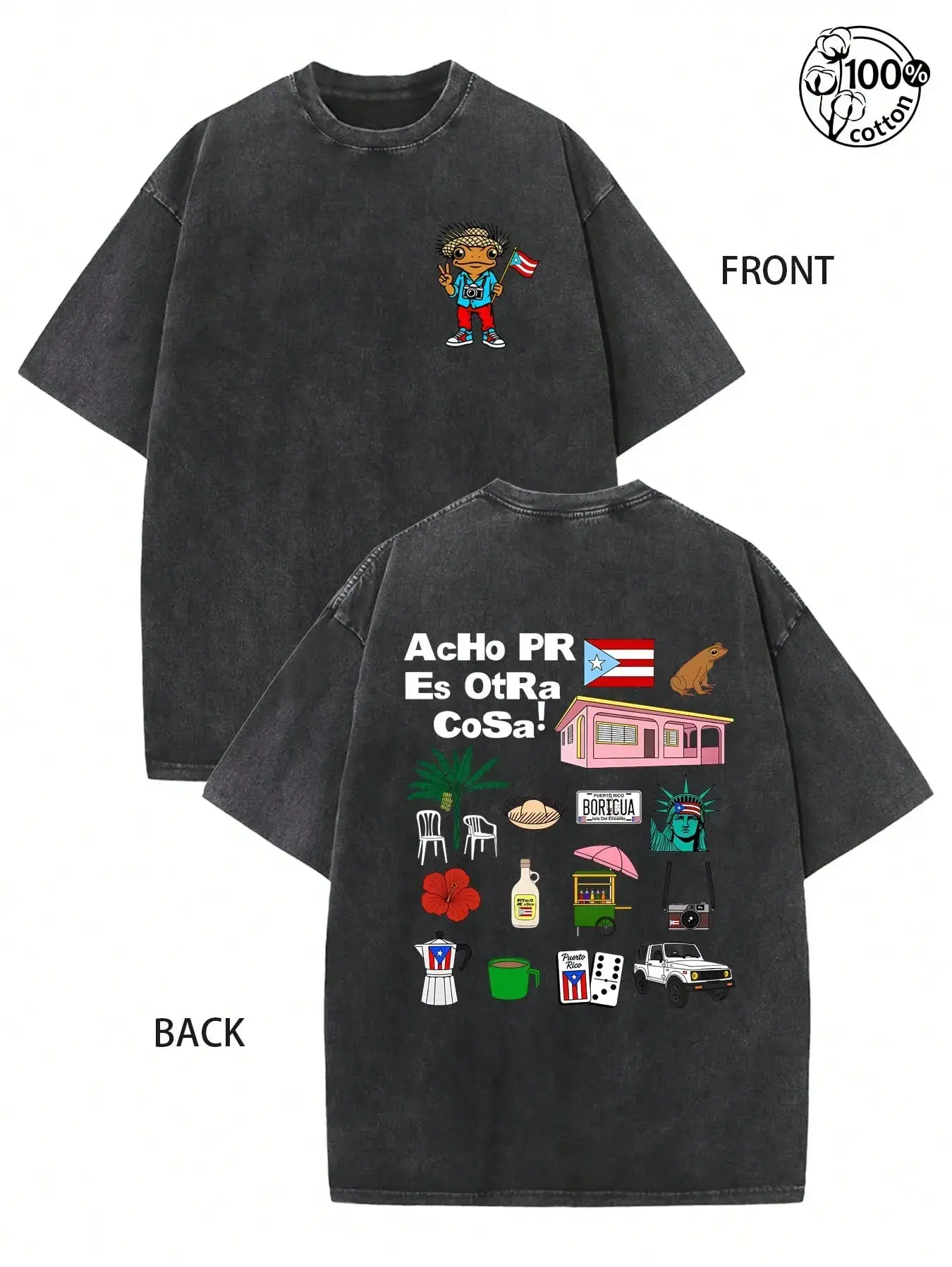 Menswear Retro Puerto Rico "AcHo PR Es Otra Cosa!" Boricua Coqui Frog Graphic Short-Sleeve Washed Black Oversized Cotton T-Shirt, Crewneck with Iconic PR Symbols, Front & Back Print Fabric for Puerto Rican Pride Casual Wear, Shortsleeve, Round Neck