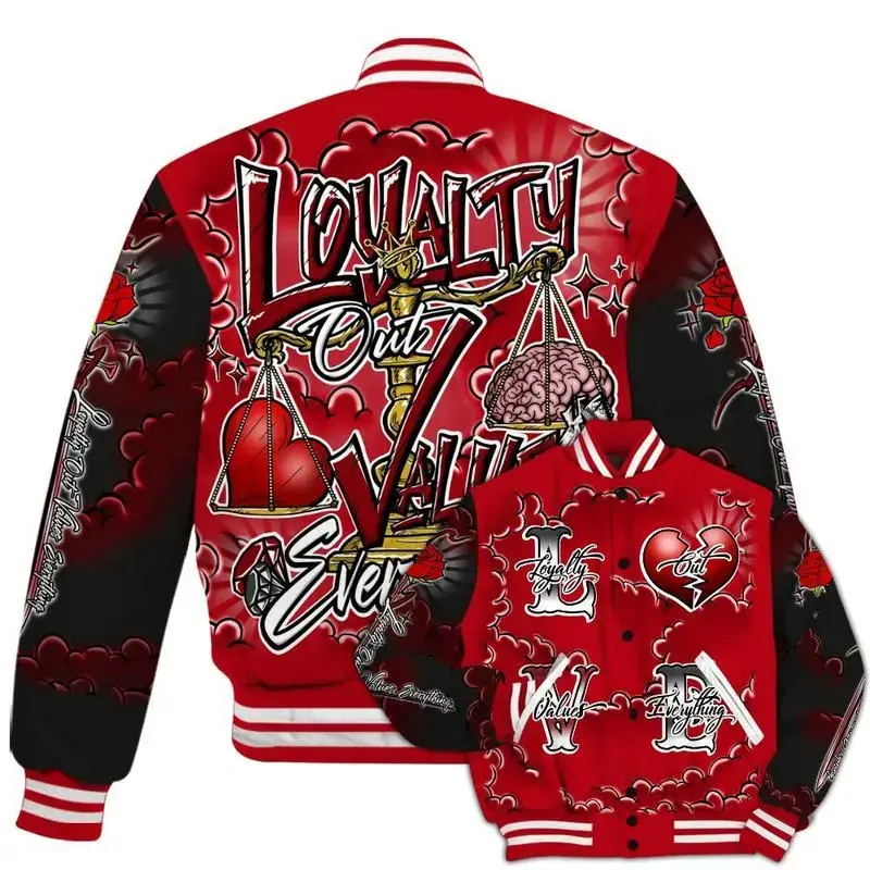 Bred Velvet 11s - Loyalty Wins Everything All Over Print Baseball Jacket, Baseball Jacket, Varsity Style Jacket, Unisex Sport Streetwear