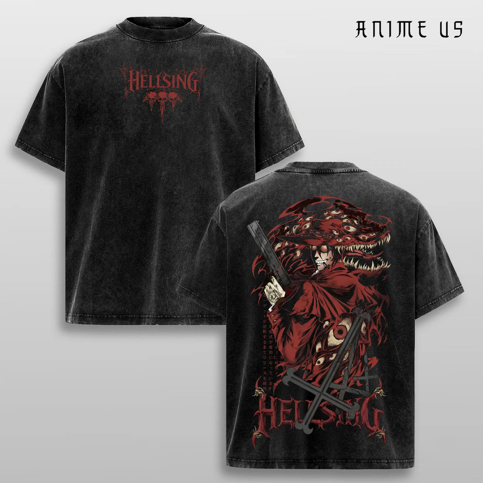 Alucard Hellsing Ultimate Vampire King Red Aesthetic Double Printed Vintage Washed Tee Unisex Oversize Heavyweight Cotton T-shirt Gift For Anime Fan
