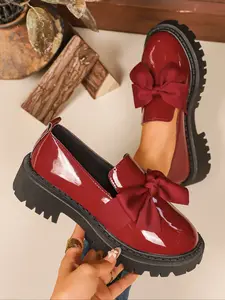 Women's Fashion PU Leather Loafers with Large Bowknot, Thick Wavy Sole, Comfortable Casual Commuter Shoes for All Seasons, Slip On Flats