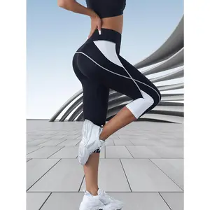 Women's Capri Yoga Pants, High Waist Design, Stretch Sports Leggings, Abdominal Shaping Fitness Capri Pants, with Contrasting Mesh Fabric