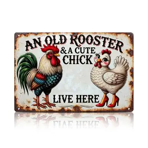 1pc Vintage "An Old Rooster & Cute Chick Live Here" Aluminum Sign 8x12 Inch – Rustic Farmhouse Wall Decor for Home, Kitchen, Garden, Barn – Valentine’s Day Gift for Couples, Funny Romantic Metal Art with Pre-Drilled Holes