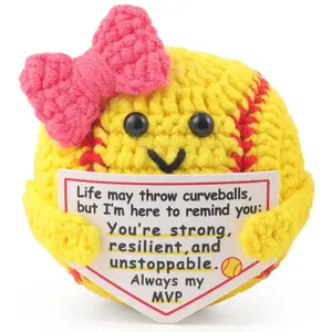 Crochet Positive Softball, with Bow and Motivational Message Card, Knitted Softball Gift for Players, Teammates or Lovers
