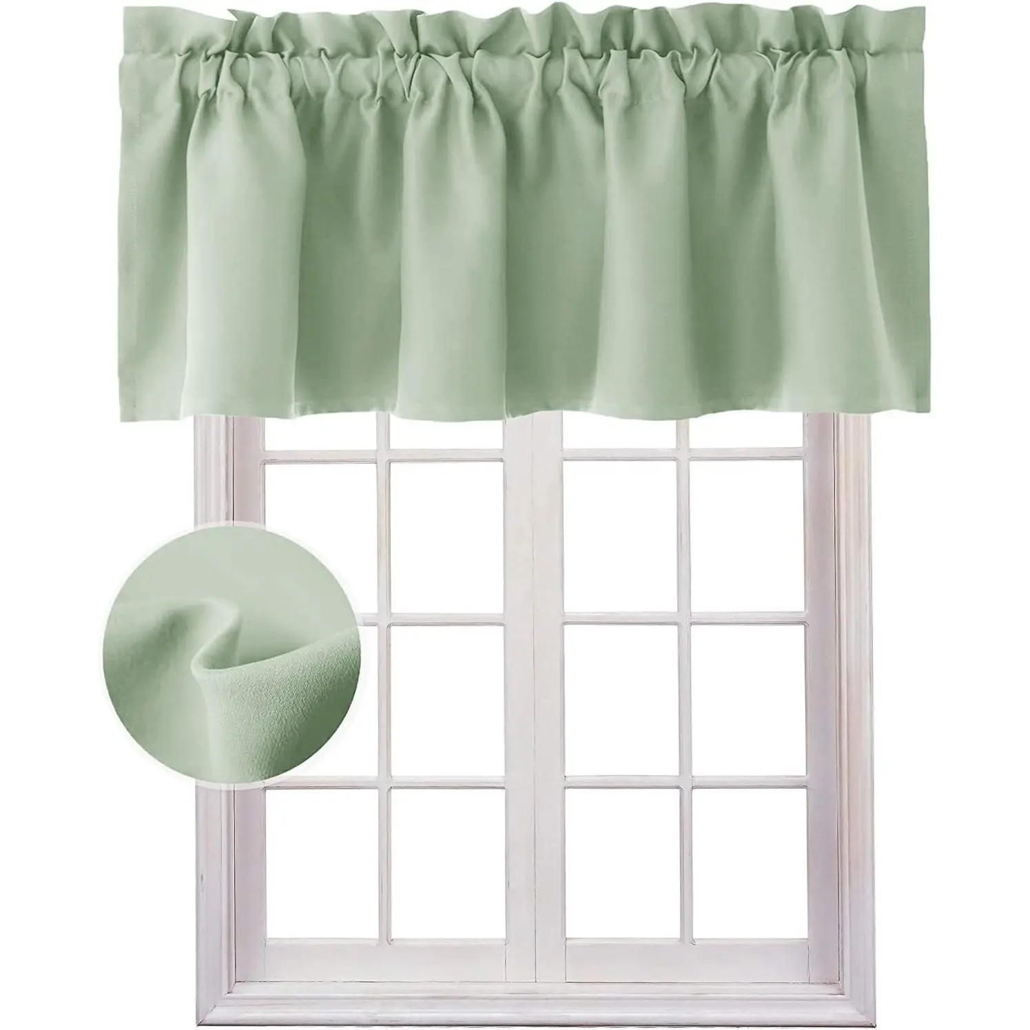 Seafoam Green Attached Valance Curtain - 42x12in Single Panel, Classic Flat Weave, Durable, Blackout, Thermal Insulated, Low Iron, Floral Print, Kitchen Fit (0-1ft), Home Textile, Machine Washable