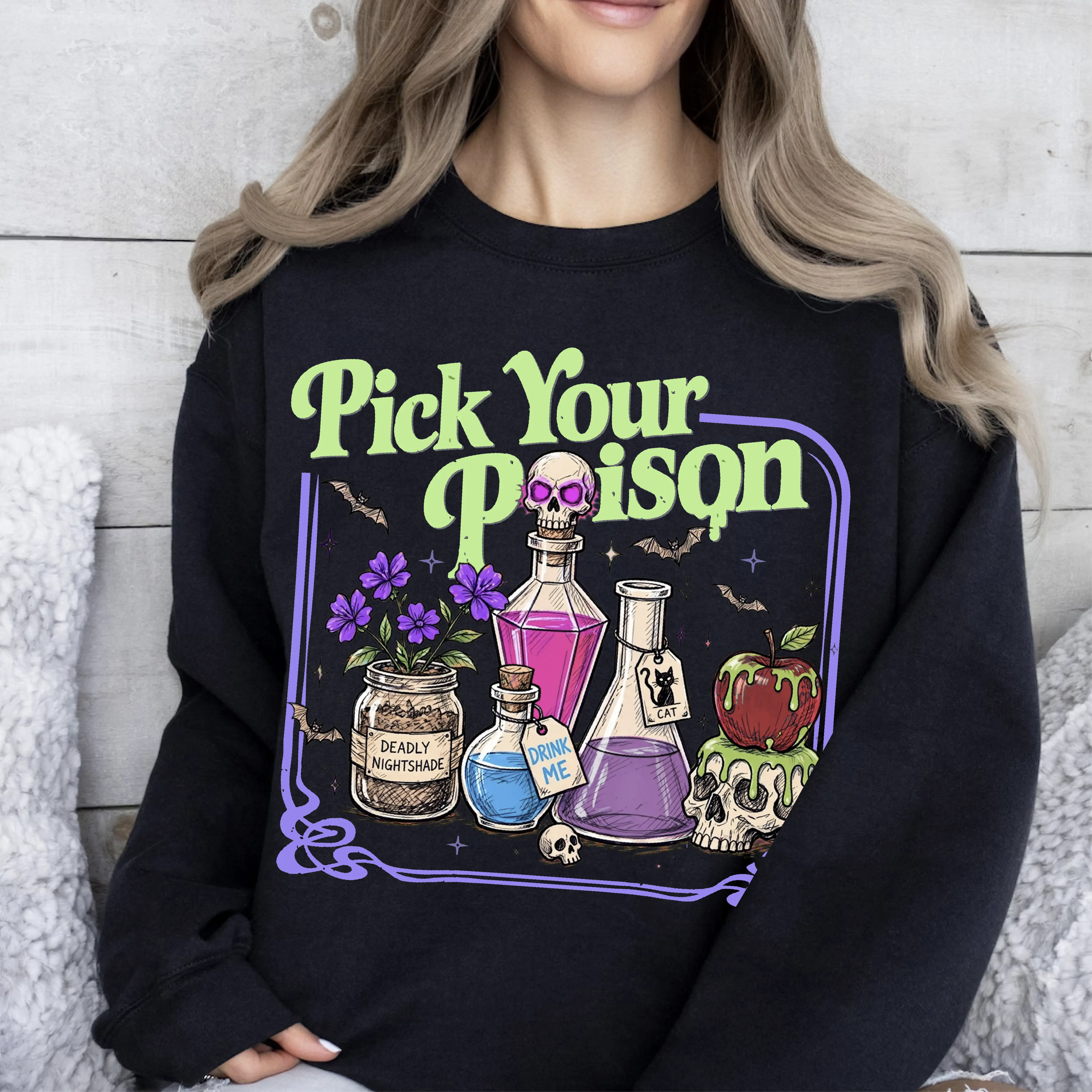 Pick Your Poison Comfort Colors T-Shirt – Vintage Witch Apothecary Graphic Tee – Gothic Halloween Shirt – Spooky Cottagecore Sweatshirt – Hooded Sweatshirt Gift Cotton Fit