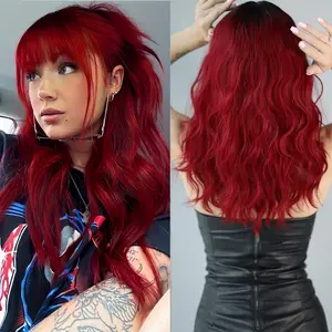 Wigs Dark Red Wigs for Women Burgundy Wavy Wig with Bangs Colorful Synthetic Ombre Red Wig for Daily Party (16-inch Ombre Red)