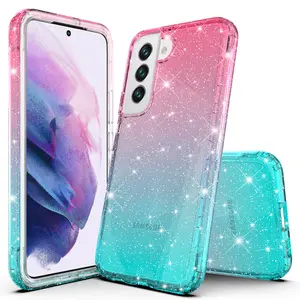 Luxury Hybrid Bling Glitter Sparkle Colorful Gradient Transparent Fashion Cute Skin Cover Case Compatible With Samsung Galaxy S22 / S22 Plus / S22 Ultra 5G - Durable Phone Accessories Protection Smartphone