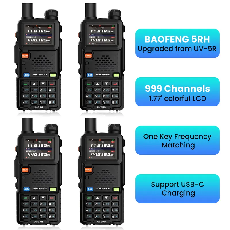 BAOFENG UV-5RH 10W Upgrade Digital Rechargeable GMRS Walkie Talkie - Wireless Radio Kit with NOAA Weather Alert, 999 Channels, USB-C Charging, FRS Compatible, Ideal for Camping Trips & Survival