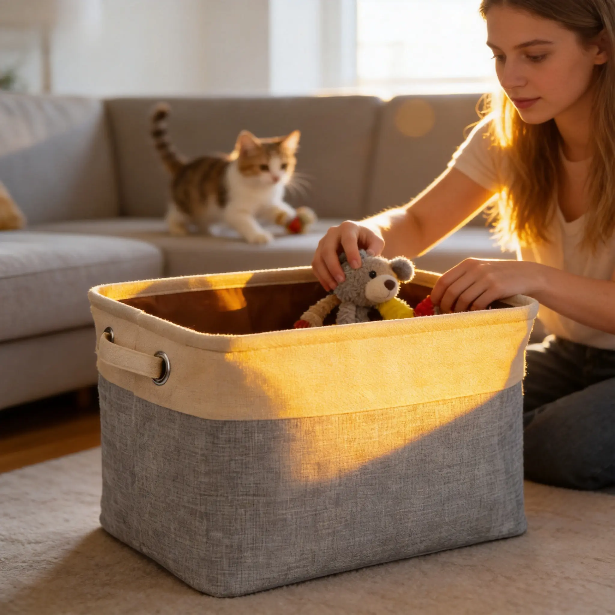 Dog Toy Basket, Collapsible Dog Toy Storage Basket - Linen Organizer for Pet Toys, Clothes & Supplies Organizing Bins Lightweight Beige