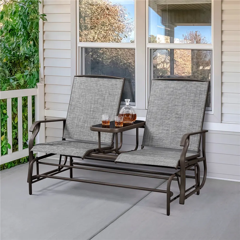 Yaheetech 2-Seat Glider Patio Chairs Set with Steel & Glass Center Table - Sturdy Metal Frame, Breathable Mesh, Ergonomic Outdoor Furniture for Garden Seating, Patio Decor, Pool