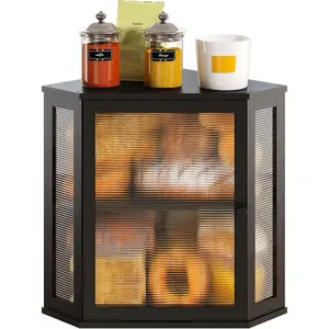 Corner Bread Box, Large  Bread Box for Kitchen Countertop, 2 Tier Wooden Bread Storage, Black