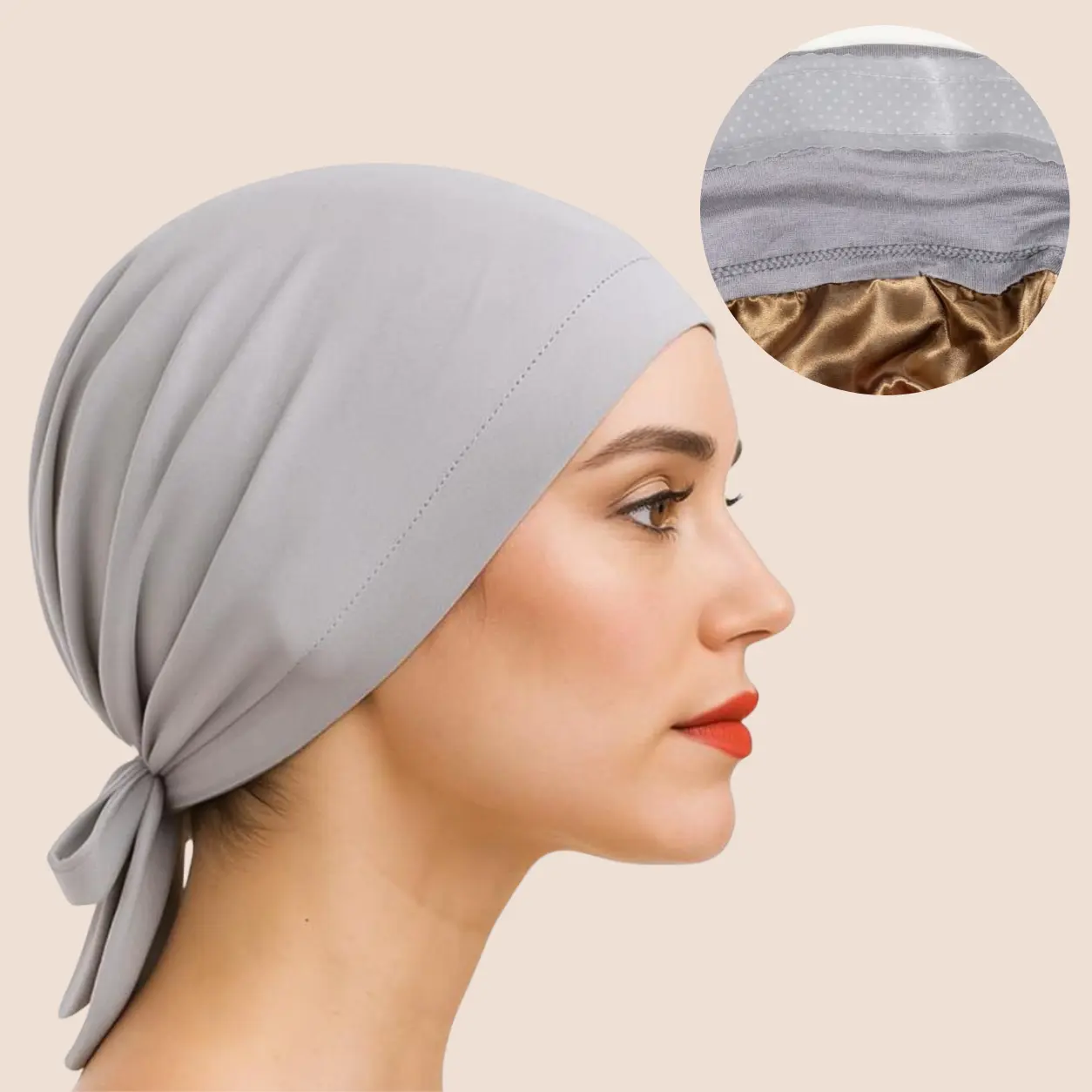 The SATIN GENTLE Grip Cap Grey - Non-Slip Undercap/Turban with Silicone Grip & Tie-Back by Get A Grip The SATIN GENTLE Grip Cap Grey - Non-Slip Undercap/Turban with Silicone Grip & Tie-Back by Get A Grip
