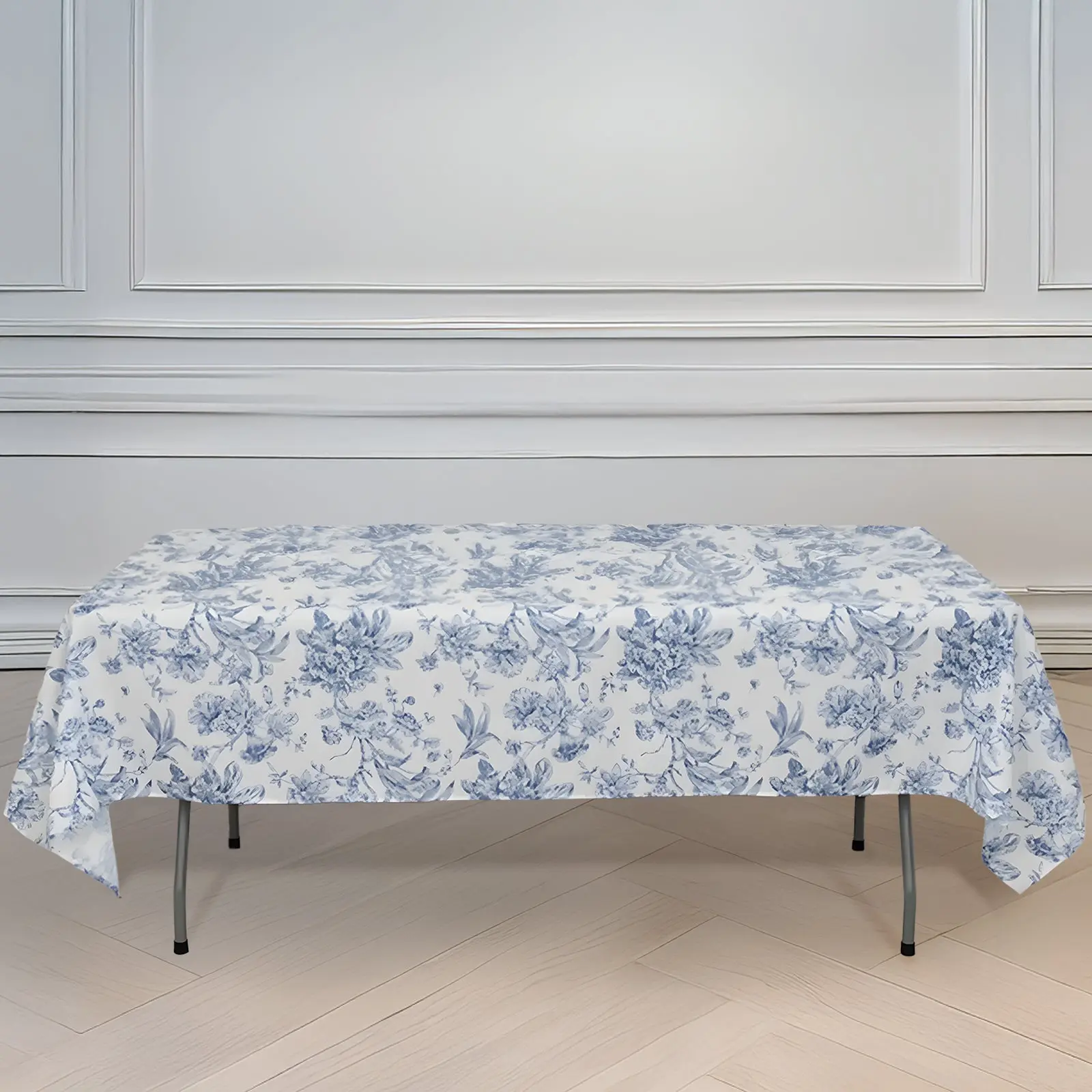 60"x102" White Polyester Rectangle Tablecloth with Blue French Toile Pattern - 1-Piece Outdoor Patio Table Cover, Machine Washable, Sophisticated for Chic Weddings & Events, One-Piece