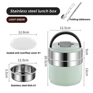 Light Green Insulated Lunch Box with Folding Utensils, 3-Layer Stainless Steel Thermal Food Jar, Leakproof Portable Hot Cold Meal Container for Work School Travel