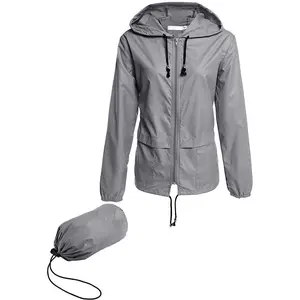 Women Packable Rain Jacket, Outdoor Hooded Windbreaker with Adjustable Drawstring